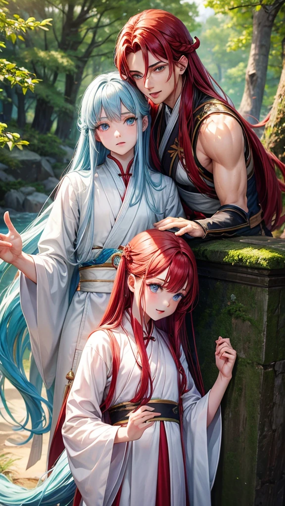 2 young men, without a beard, long blue hair, long red hair, blue eyes, Red eyes, White skin, Blue clothes, red clothes, China, Hanfu, In the woods