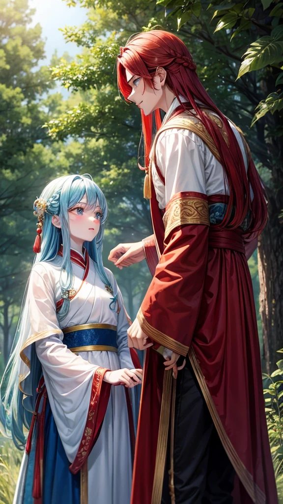 2 young men, without a beard, long blue hair, long red hair, blue eyes, Red eyes, White skin, Blue clothes, red clothes, China, Hanfu, In the woods