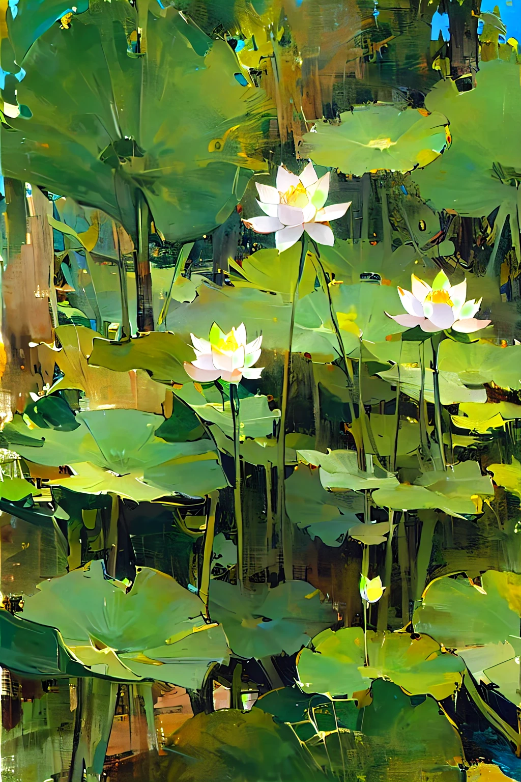 Close-up of a bunch of green leaves in the forest, Hyper-realistic lotus, lotus, lotus, lotus池, View from below, 站在lotus下, View from below, 优雅地站在lotus上, Lower perspective, breathtaking composition, Shot from below,, lotus瓣，painting，Impressionism，painting笔触，painting风格。