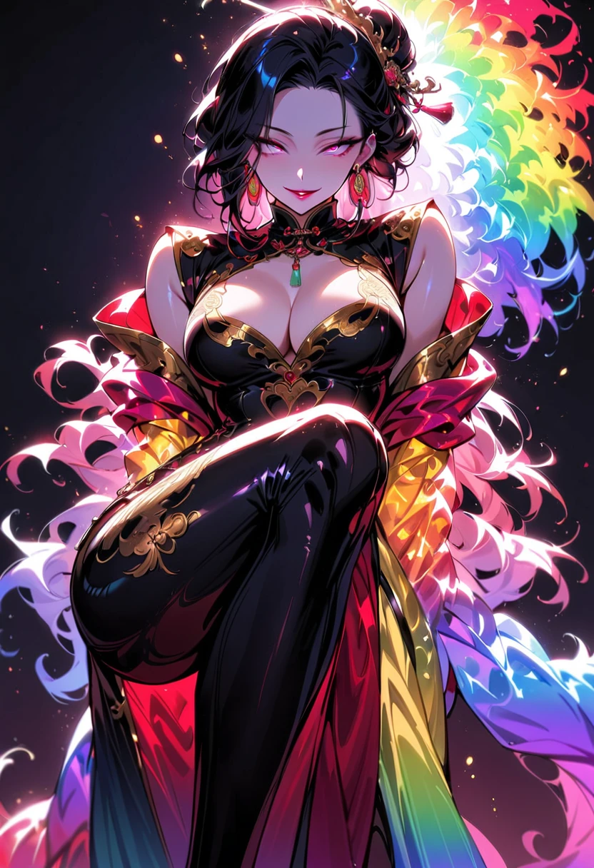 1 mature beautiful woman,(Highest quality,Extremely detailed depiction,Incredibly absurd high resolution,Anatomically accurate depiction,Curvy Legs,Detailed pupil),(Glowing Skin,Shiny skin),(A charming Chinese noble lady),(A complex and elegant Chinese costume,See-through,Intricate embroidery,Strong shiny fabric,Rainbow gradient sleeves,black tights),eyelash,(Pink Eyes,Crazy Eyes,There is cleavage in the chest,Wicked Smile,Glossy Red Lips,Flashy makeup,Seductive gestures,Half-closed eyes:1.2,forward leaning posture),Luxury accessories,earrings,necklace,whole body,background:Chinese-style mansion,