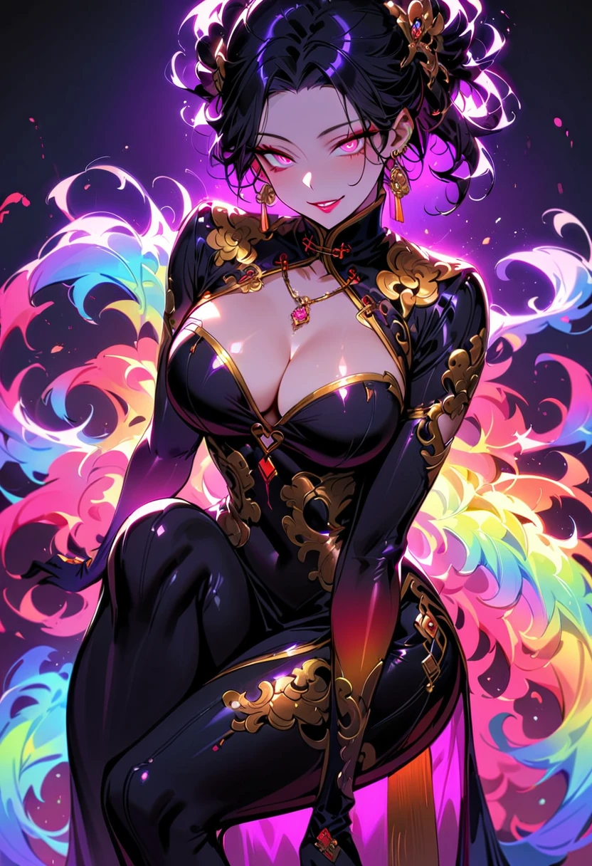 1 mature beautiful woman,(Highest quality,Extremely detailed depiction,Incredibly absurd high resolution,Anatomically accurate depiction,Curvy Legs,Detailed pupil),(Glowing Skin,Shiny skin),(A charming Chinese noble lady),(A complex and elegant Chinese costume,See-through,Intricate embroidery,Strong shiny fabric,Rainbow gradient sleeves,black tights),eyelash,(Pink Eyes,Crazy Eyes,There is cleavage in the chest,Wicked Smile,Glossy Red Lips,Flashy makeup,Seductive gestures,Half-closed eyes:1.2,forward leaning posture),Luxury accessories,earrings,necklace,whole body,background:Chinese-style mansion,