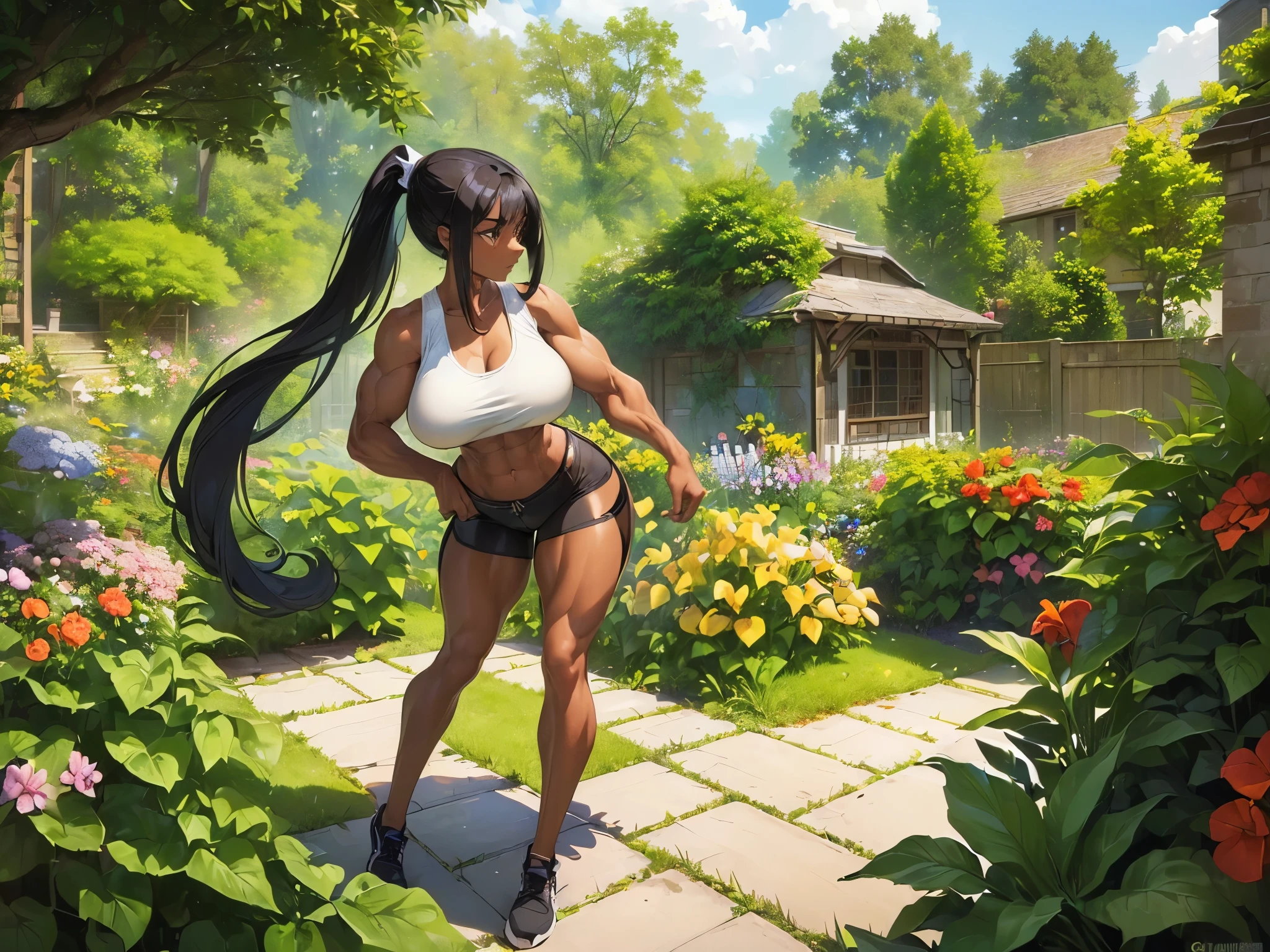(((((muscular))))) (((((long hair)))) ((((long legs)))) (((huge breasts))) (((1 girl))) (((ponytail haircut))) ((full body)) ((tank top bike shorts)) ((garden)) dark skin black hair tight shirt tight pants