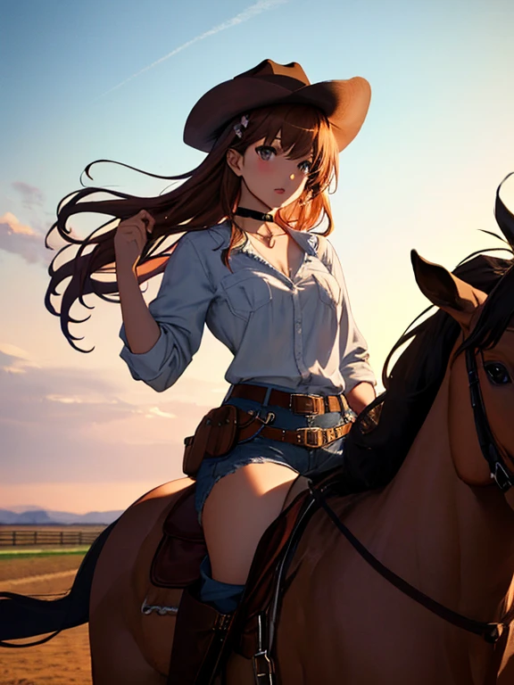 Western Cowboy, western drama, Ten-gallon hat, horse riding, Western Cowboy, Misaka Mikoto, 1girl, black choker, uhd, retina, masterpiece, ccurate, anatomically correct, textured skin, super detail, high details, high quality, best quality, highres, 4K