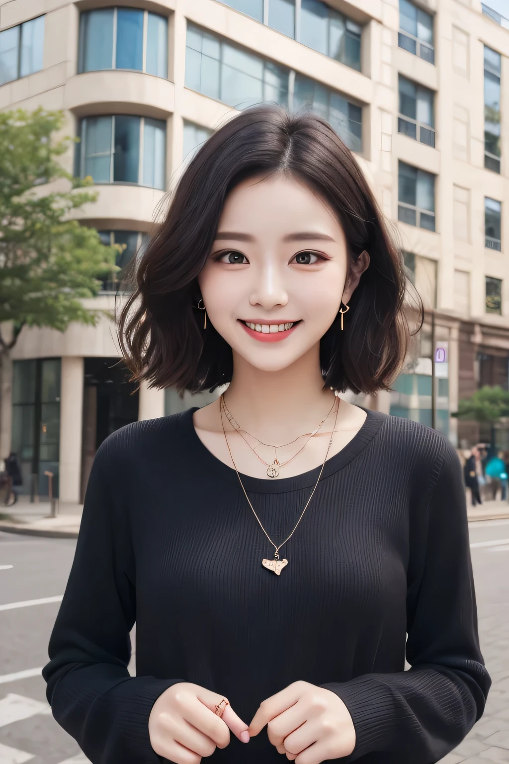 Highest quality, ,smile、Beautiful teeth alignment、Black Hair、Dark eyeliner、Short Haircut、Wavy Hair、Long sleeve blouse、ear piercing、necklace, , Face Focus、The background is the building's corridor.