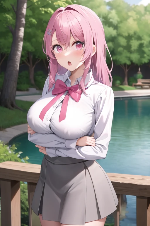 masterpiece, best quality, highres, 1girl, solo, long hair, pink hair, hairclip, bangs, pink eyes, , pink bow, white shirt, collared shirt, long sleeves, grey skirt, :o, crossed arms, outdoors, standing, breast hold,