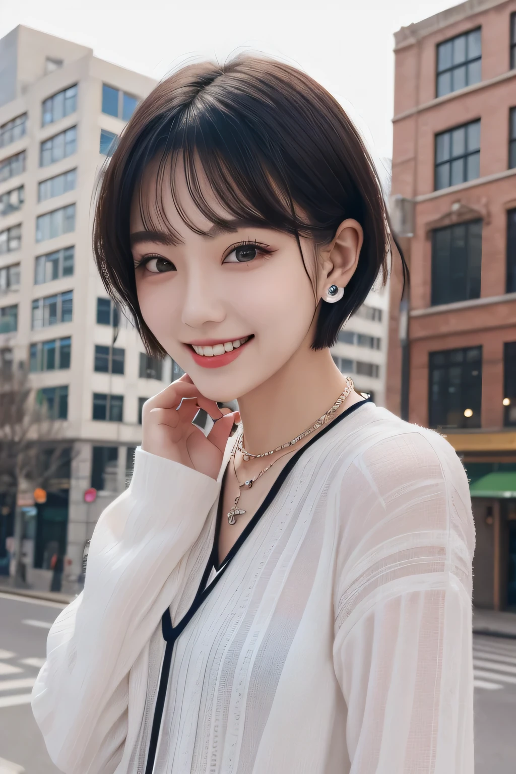 Highest quality, ,smile、Beautiful teeth alignment、Black Hair、Dark eyeliner、Short Haircut、、Long sleeve blouse、ear piercing、necklace, , Face Focus、The background is the building's corridor.
