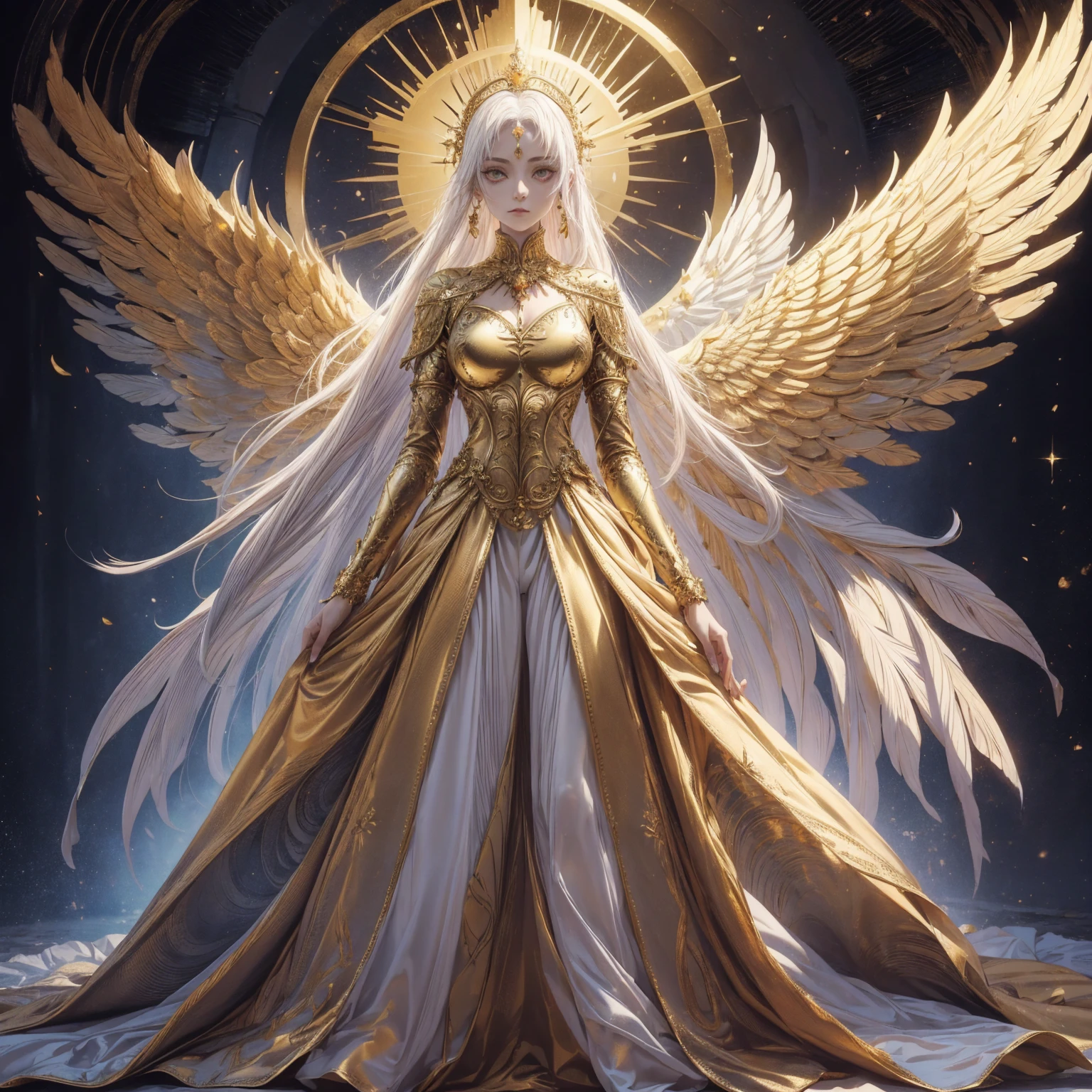 Art of Woman Wearing Sun Crown, Wearing a gorgeous golden breastplate that exposes a small amount of skin above the chest, Wearing a gorgeous golden dress, A pair of giant angel wings taller than the body spread out behind the woman., ancient goddess art, Sacredness. Very detailed, Mysterious inspiration, Inspiration from the Sun God, Religious inspiration, Cold and snobbish face, Dangerous expressions, White hair, Standing, Full body portrait, Gothic art style, Weird art style, Occult art