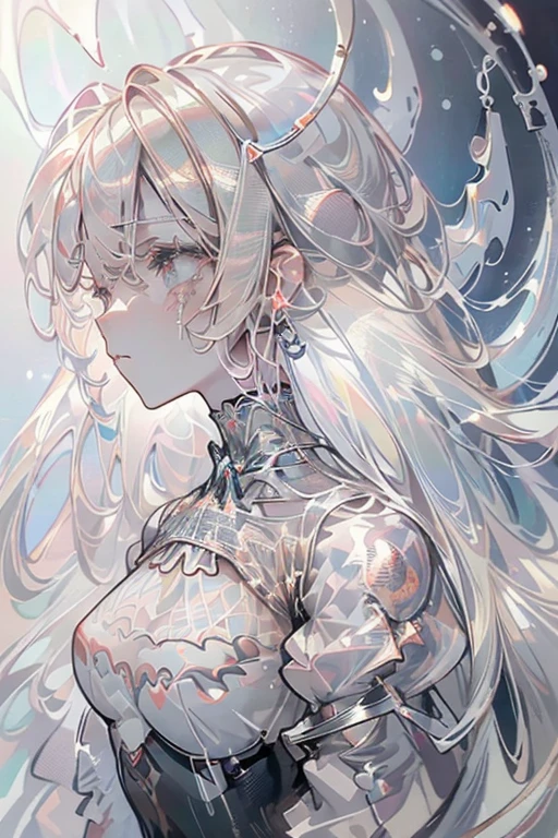 ((Masterpiece)), (Anime:1.3), ((best quality)), (abstract art:1.5), (High Definition), (pale color), wide shot, (fractal structure:1.5), (simple silver background:1.6), landscape, (Beautiful), (Biological atmosphere), deep sea, (cute girl), (hollow eyes), (profile), beautiful white hair, (Crying), ((eyes trickle down)),