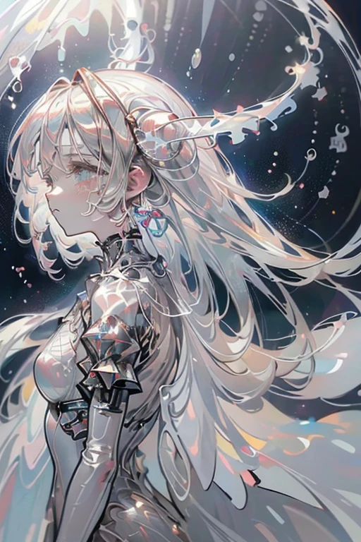 ((Masterpiece)), (Anime:1.3), ((best quality)), (abstract art:1.5), (High Definition), (pale color), wide shot, (fractal structure:1.5), (simple silver background:1.6), landscape, (Beautiful), (Biological atmosphere), deep sea, (cute girl), (hollow eyes), (profile), beautiful white hair, (Crying), ((eyes trickle down)),