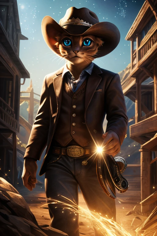 (Highest quality、masterpiece、8k))、Anatomically correct、Very detailed、High resolution、Realistic、((Beautiful, sparkling, detailed eyes))、Intricate details、Cinematic lighting、((Dynamic composition))、Cute Cowboy Kitten、Western Hat、revolver