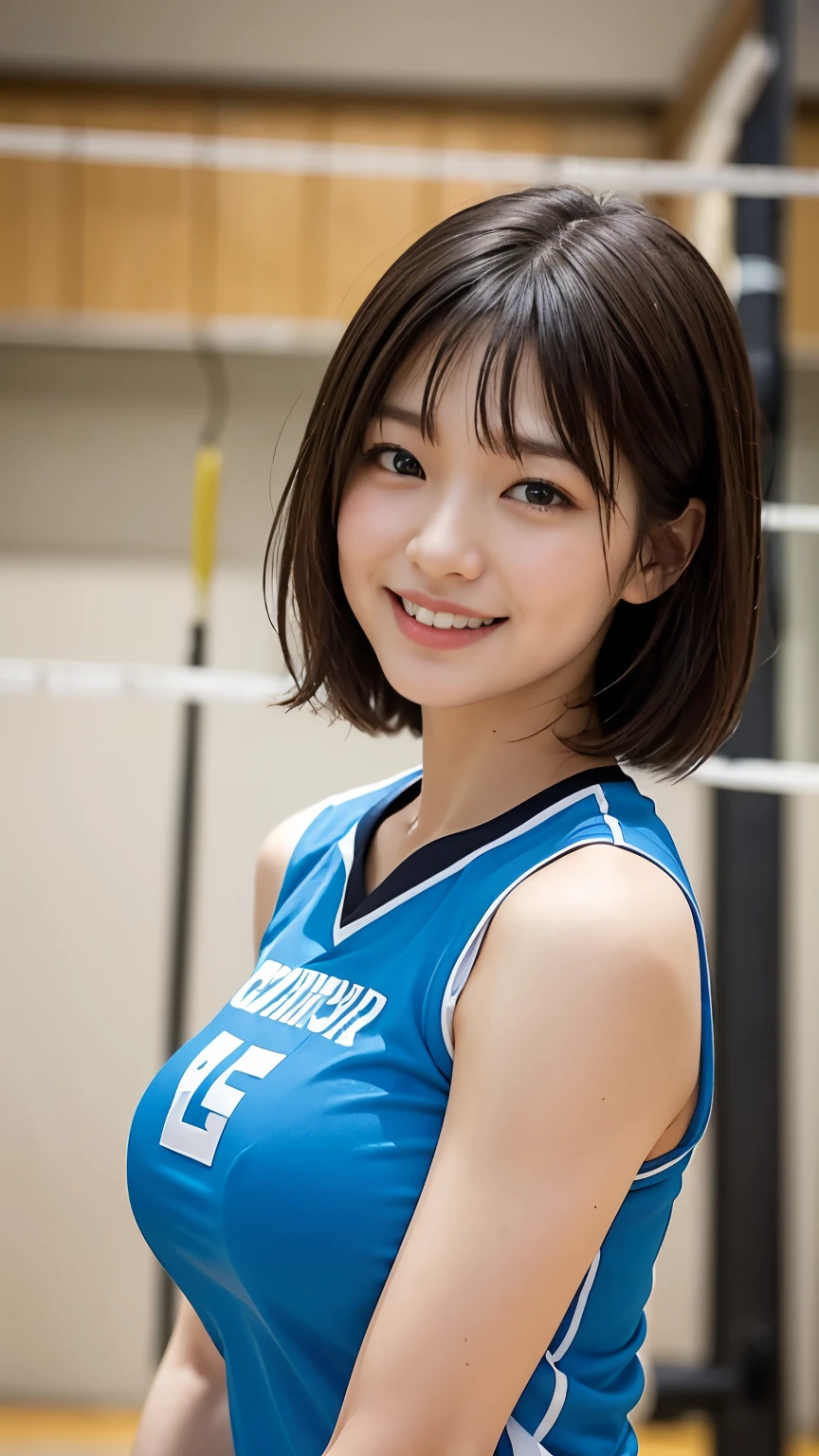 Volleyball Uniforms、Cute smile、(((In the gym、Inside the volleyball court)))、practice、Short Hair、Light brown hair、Brown Hair、round face、Droopy-eyed girl、((Big Breasts))、(high resolution)Smile of nature、(Crotch gap、Thighs)Upper Body、Pick up a smile