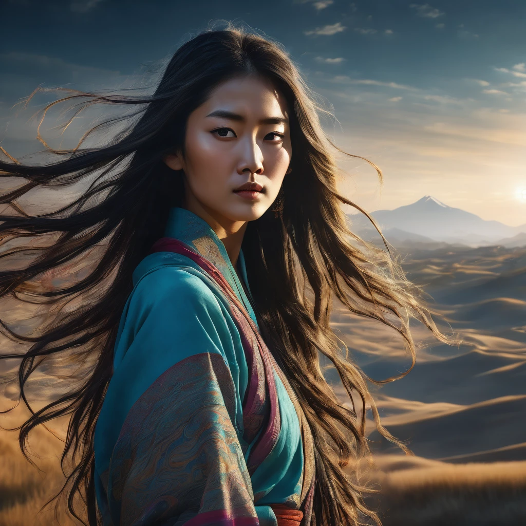 a highly detailed and cinematic portrait of a young woman with messy long hair, captured from a dynamic angle against a dramatic landscape background, featuring intricate ink-style illustration and stunning cinematic lighting with lens flare, inspired by the Dunhuang art style, masterfully rendered in 8K resolution to showcase the highest levels of detail and quality