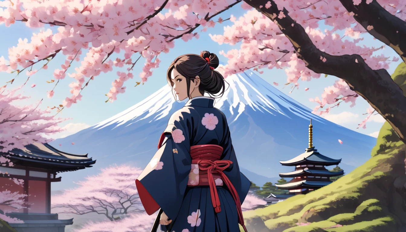 Female samurai,Background is cherry blossoms and Japanese temple and garden、Fuji Mountain、