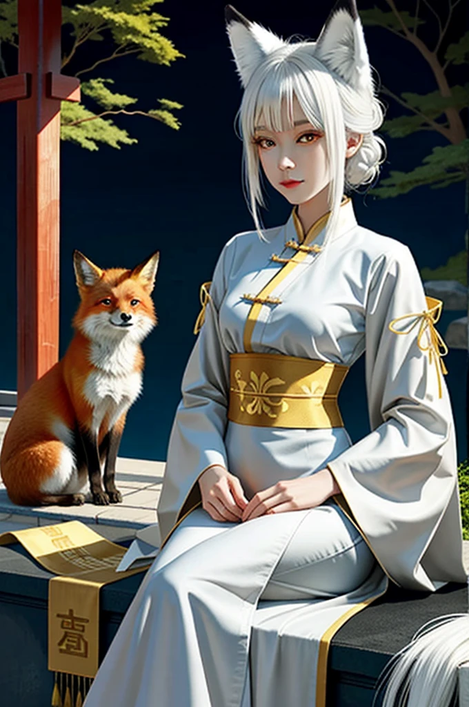 Anime,woman,fox,ancient chinese dress,white hair,golden eyes,has nine tails