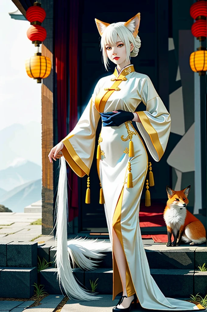 Anime,woman,fox,ancient chinese dress,white hair,golden eyes,has nine tails