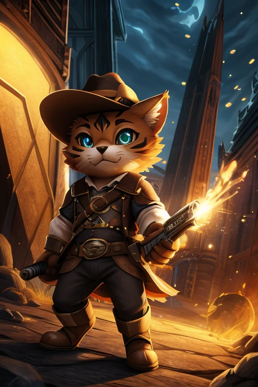 (Highest quality、masterpiece、8k))、Anatomically correct、Very detailed、High resolution、Realistic、((Beautiful, sparkling, detailed eyes))、Intricate details、Cinematic lighting、((Dynamic composition))、Cute Cowboy Kitten、Western Hat、revolver、Pad