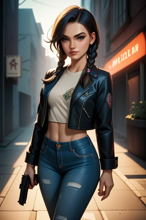 Hungarian woman with an athletic and toned physique; striking features with high cheekbones; green eyes; long, dark hair often styled in intricate braids; 'light olive' skin; best quality; trending on artstation; complex volumetric lighting; strong shadows; artistic lighting; dynamic; energetic vibe; realistic skin; specular highlights; micro-textures; highly detailed hair; in a dimly lit alleyway at night; crumbling concrete walls; dystopian aesthetic; wearing a leather jacket and denim jeans, holding a pistol