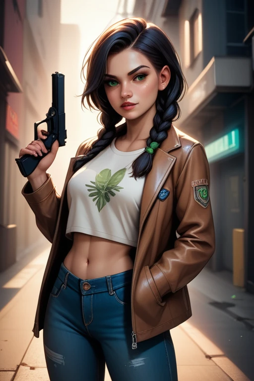 Hungarian woman with an athletic and toned physique; striking features with high cheekbones; green eyes; long, dark hair often styled in intricate braids; 'light olive' skin; best quality; trending on artstation; complex volumetric lighting; strong shadows; artistic lighting; dynamic; energetic vibe; realistic skin; specular highlights; micro-textures; highly detailed hair; in a dimly lit alleyway at night; crumbling concrete walls; dystopian aesthetic; wearing a leather jacket and denim jeans, holding a pistol