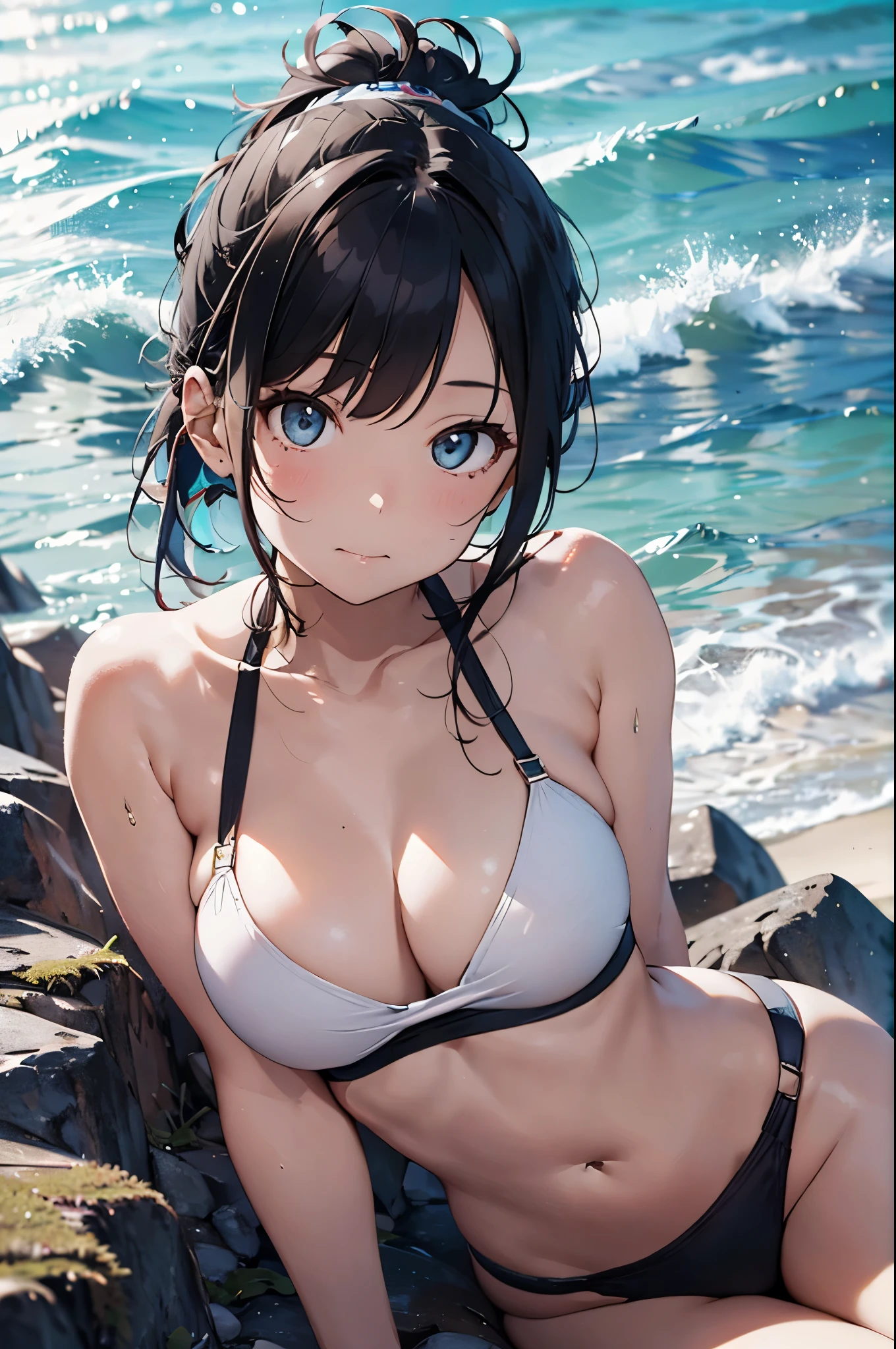 High resolution,topless、
One beautiful young woman,Light blue hair、ponytail、
(Soft Saturation:1.3), (Fair skin:1.2),
(ultra-Detailed Background, Detailed Background), Bokeh,
break&#39;Portrait of a smiling girl.,
When viewed from the front, The composition is symmetrical,
Looking straight at you with serious eyes,
break Swimwear, White Bikini, Center of chest, 
Outdoor, Sea surface, null, sunlight,Summer beach, Sandy Beach,
Strong light, Front lighting, 
(Teen:1.3), (Cowboy Shot:1.2),
Front brake angle,
View your viewers,
Dynamic pose,
sitting on the beach

Seaweed、Seaweed、Seaweed、Seaweed、Seaweed、Seaweed、Seaweed、