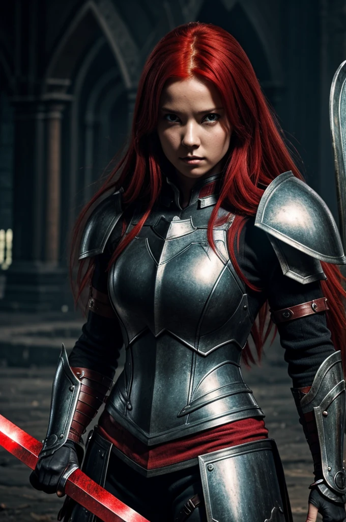 Red hair beautiful female,black armor,demonic sword and shield, fighting stance,detail face