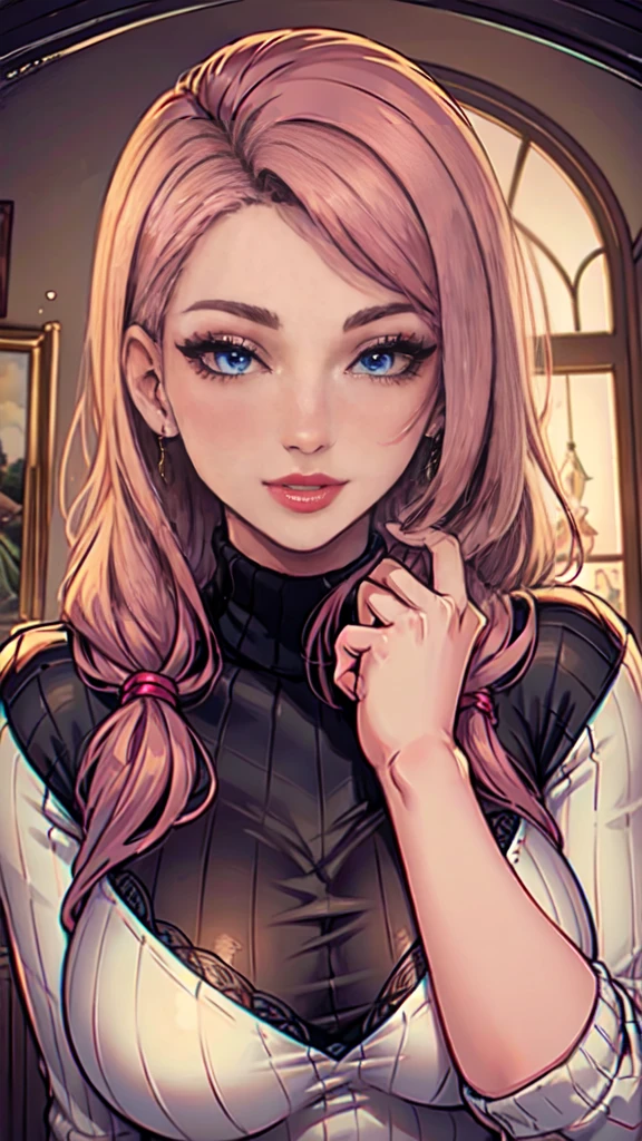 Masterpiece, raw, beautiful art, professional artist, 8k, art style by sciamano240, very detailed face, very detailed hair, (1girl), caressing each other, perfectly drawn body, beautiful face, long hair , very detailed blue eyes , rosey cheeks, intricate details in eyes, sultry smile, looking directly at viewer , lusty expression, lipstick, very close up on face, wearing tight sweater, home setting,