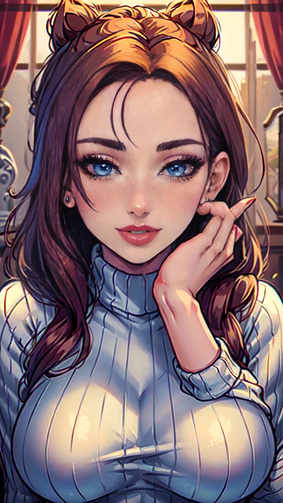 Masterpiece, raw,  beautiful art, professional artist, 8k, art style by sciamano240, very detailed face, very detailed hair, (1girl), caressing each other, perfectly drawn body, beautiful face, long hair , very detailed blue eyes , rosey cheeks, intricate details in eyes, sultry smile, looking directly at viewer , lusty expression, lipstick, very close up on face, wearing tight sweater, home setting, 