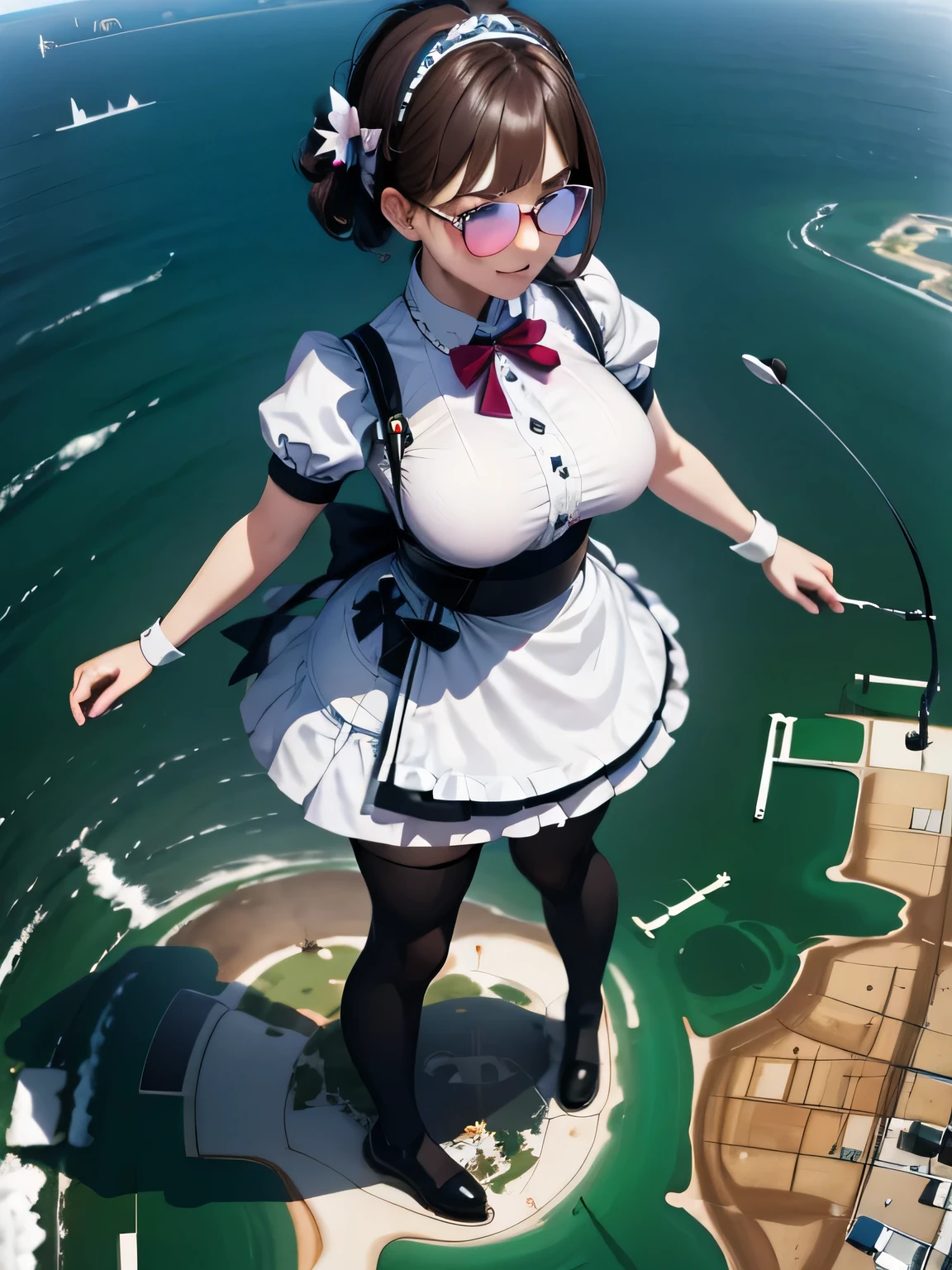 multiple girls, 3girls, standing, giantess art, highly detailed giantess shot, giantess, most detailed, perfect face, two legs, five fingers, short hair, beautiful girl bigger than a skyscraper, wearing rimless glasses, smiling, huge breasts, maid, maid outfit, black pantyhose, no shoes, toes visible through pantyhose, steam coming out of soles of feet, seaside metropolis, ocean, numerous miniature warships on the sea, destroying city, under heavy attack, very small metropolis, miniature metropolis, full body depiction, GTS, giga giant, trampling city, crashed city, small city, micro city, pantyhose feet, high resolution, best quality, masterpiece,