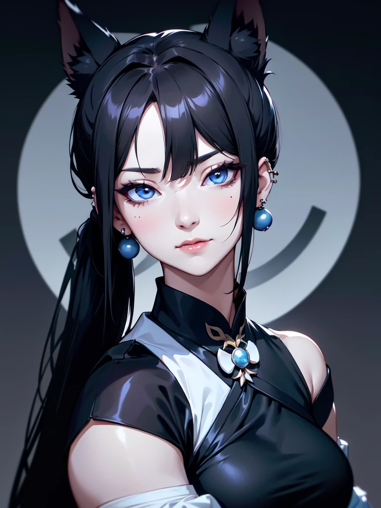 (((Portrait Photo))), She has the Appearance of a Regal Teenager, with a Strong, Muscular Build, and Cold White Skin that Exudes Elegance. She has Long Black Hair Tied into Two Ponytails that Reach Down to Her Waist. The Top of Her Head is Shaped Like an Odango to Resemble Wolf Ears. Her Icy Blue Eyes Reflect the Piercing Gaze of a Husky—Intense, Intelligent, and Unyielding. She is Dressed in a Black Cheongsam with Bare Shoulders and Loose Sleeves. Her Expression is Calm and Composed, with a Subtle, Knowing Smirk, Perfectly Embodying the Essence of Pride and Excellence. (((High Quality, Dark Background))), (((Portrait Photo)))