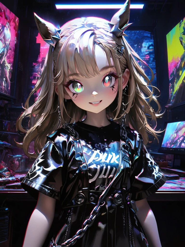 1 girl, chromatic aberration, Written boundary depth, Soft Light, masterpiece, Highest quality, complicated, Tone Mapping, Very detailed, Art Station, Concept Art, Smooth, Clear focus, Dramatic lighting, Very detailed artwork, movie, super practical painting, Art Station's trending, 8k, Incredible Shadows, practical, (Very detailed background:1.0), whole body, View, Viewers, Very detailed portrait of one girl 1, standing on street corner, Heavy rain and lightning、Dark Sky, neon and cyber punk background, she is dressed in punk clothing with silver chains and silver spikes, Her hair was dyed light brown.....，The middle part is black,  Detailed black eyes with clear pupils, Ominous aura of light, smile, punk, ciber punk, Backlight.、,Approaching the horse、Horse woman.グラウンドを走るwhole body