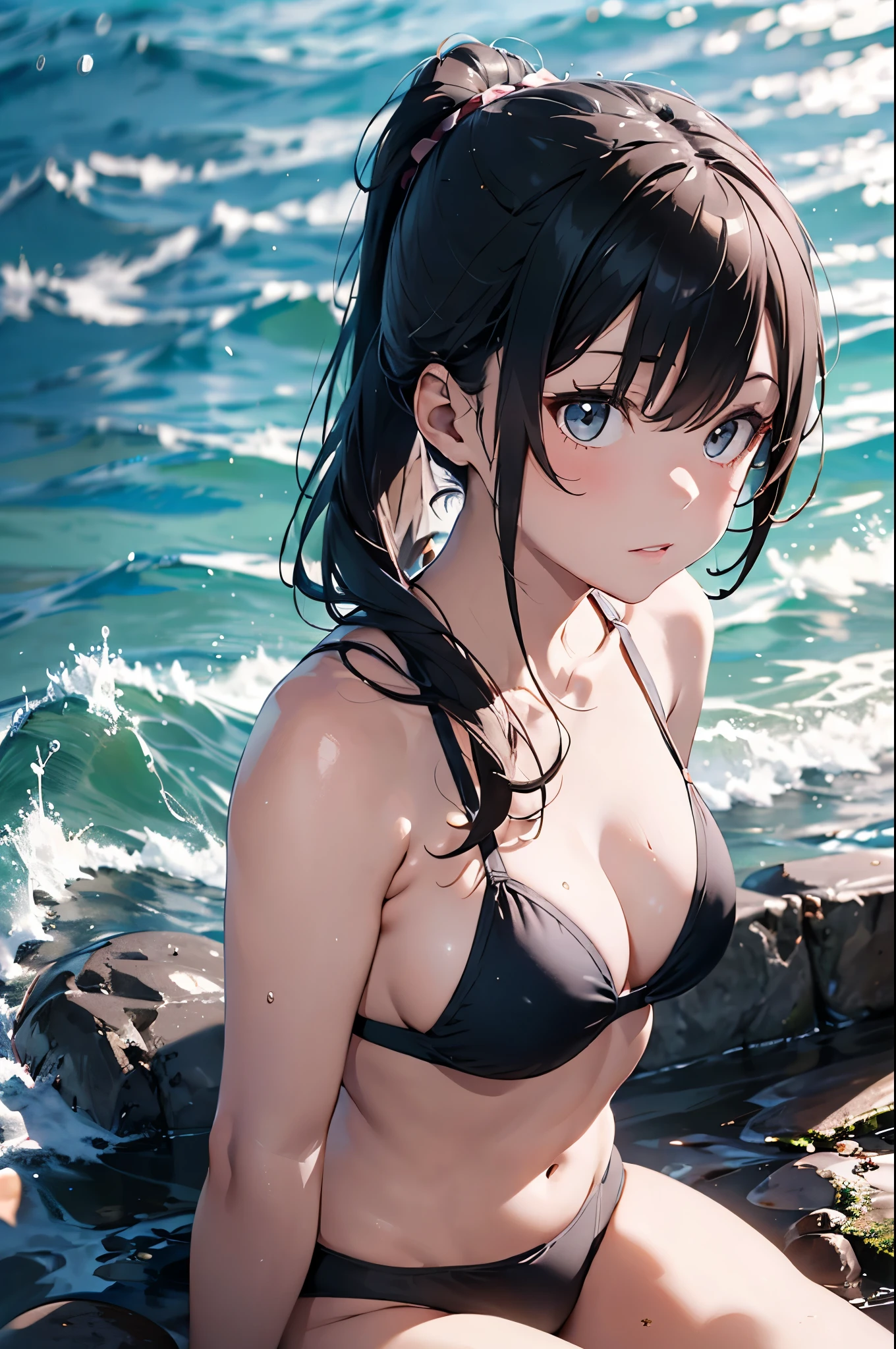 High resolution,topless、
One beautiful young woman,Light blue hair、ponytail、
(Soft Saturation:1.3), (Fair skin:1.2),
(ultra-Detailed Background, Detailed Background), Bokeh,
break&#39;Portrait of a smiling girl.,
When viewed from the front, The composition is symmetrical,
Looking straight at you with serious eyes,
break Swimwear, White Bikini, Center of chest, 
Outdoor, Sea surface, null, sunlight,Summer beach, Sandy Beach,
Strong light, Front lighting, 
(:1.3), (Cowboy Shot:1.2),
Front brake angle,
View your viewers,
Dynamic pose,
sitting on the beach

Seaweed、Seaweed、Seaweed、Seaweed、Seaweed、Seaweed、Seaweed、
