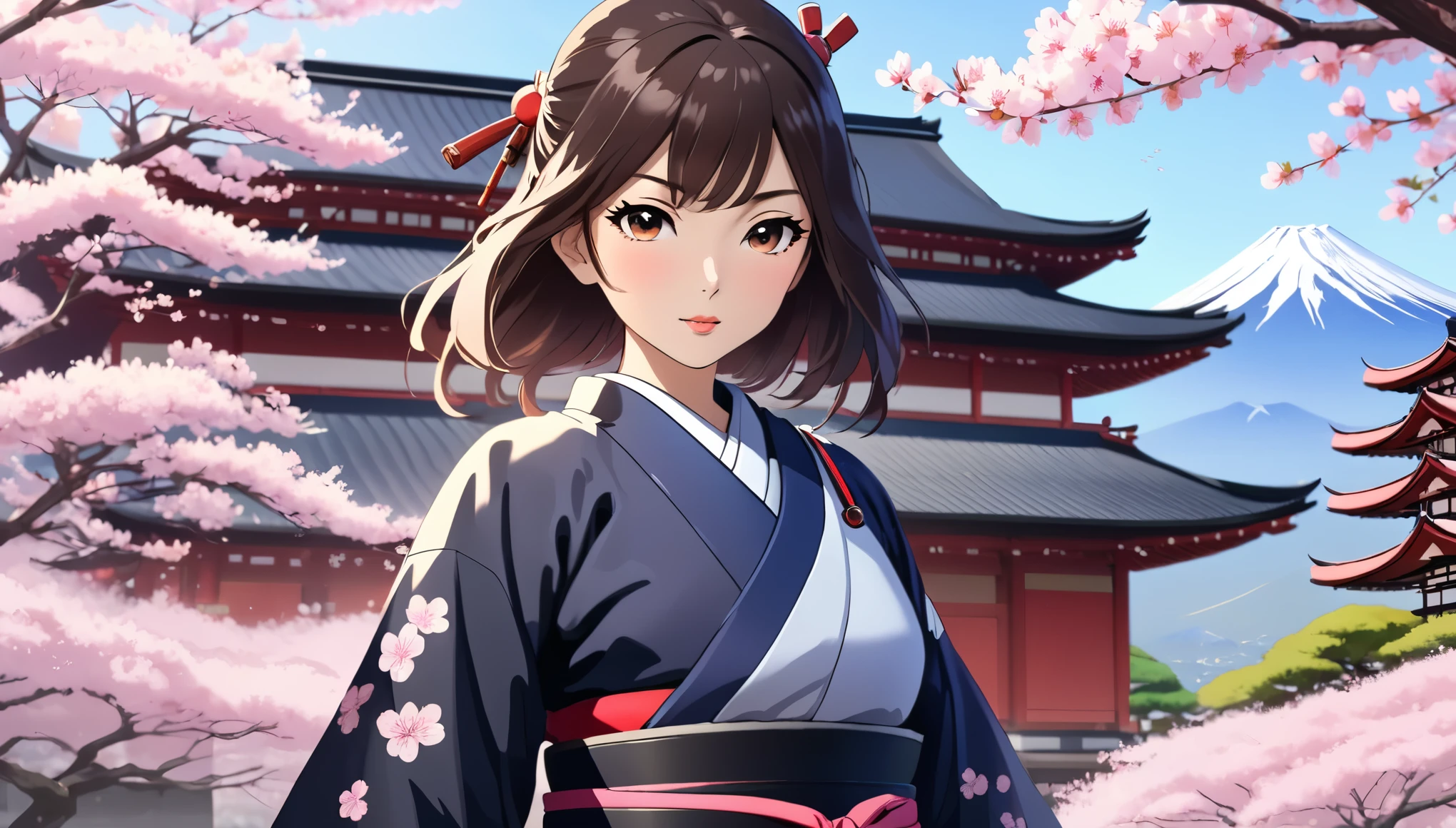 Female samurai,Background is cherry blossoms and Japanese temple and garden、Fuji Mountain、