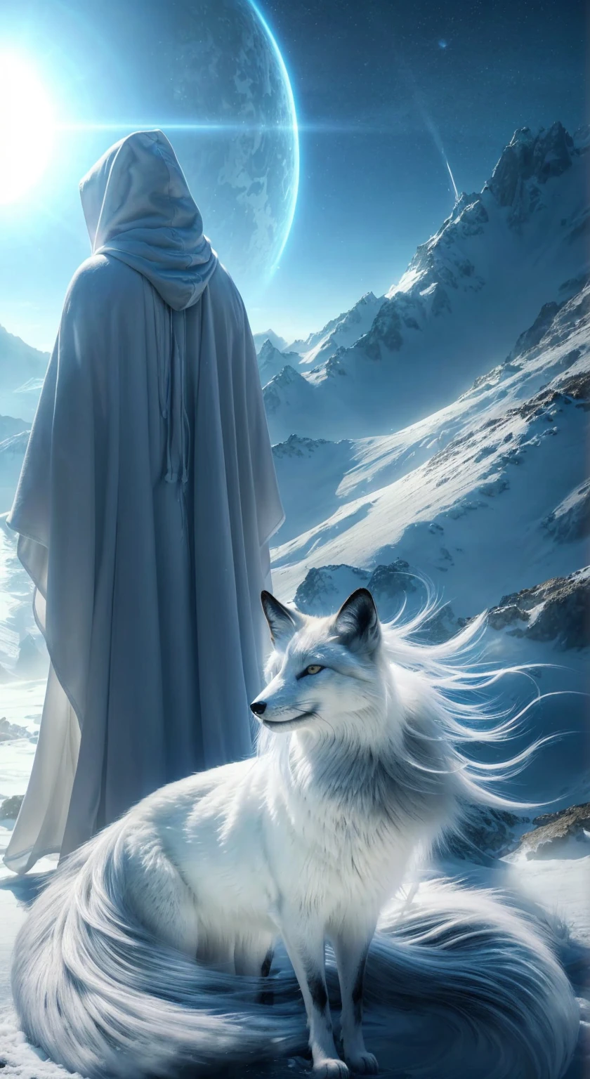 Complete and very real image. On an unknown planet there is a being of light, dressed in a white hooded robe, his face cannot be seen, he is accompanied by an animal similar to a snow-white fox with long indigo blue locks on his head and extends towards its back, they are standing on a snowy mountain, it has the power to dominate the water. Photorealism, full view, very detailed image, very realistic, hyperrealism, cinematography, Ultra HD, 8k, Unreal Engine 5, sharp focus, intricate and mysterious masterpiece. (Long exposure photography Highly detailed, high-detailed close-up portrait art illustration - Final quality medium shot, backlit, rich and eye-catching. Enigmatic and mysterious manipulations (rule of thirds composition), ((detailed environment with lines strong), Better quality, on camera, white light, warm and clean aesthetics, dazzling screen composed of millions of bright ultraviolet lights, HDR.