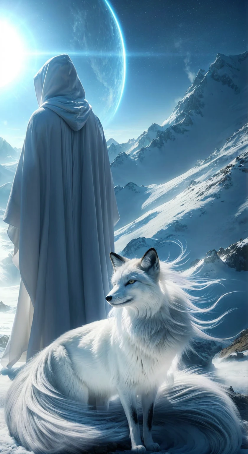 Complete and very real image. On an unknown planet there is a being of light, dressed in a white hooded robe, his face cannot be seen, he is accompanied by an animal similar to a snow-white fox with long indigo blue locks on his head and extends towards its back, they are standing on a snowy mountain, it has the power to dominate the water. Photorealism, full view, very detailed image, very realistic, hyperrealism, cinematography, Ultra HD, 8k, Unreal Engine 5, sharp focus, intricate and mysterious masterpiece. (Long exposure photography Highly detailed, high-detailed close-up portrait art illustration - Final quality medium shot, backlit, rich and eye-catching. Enigmatic and mysterious manipulations (rule of thirds composition), ((detailed environment with lines strong), Better quality, on camera, white light, warm and clean aesthetics, dazzling screen composed of millions of bright ultraviolet lights, HDR.