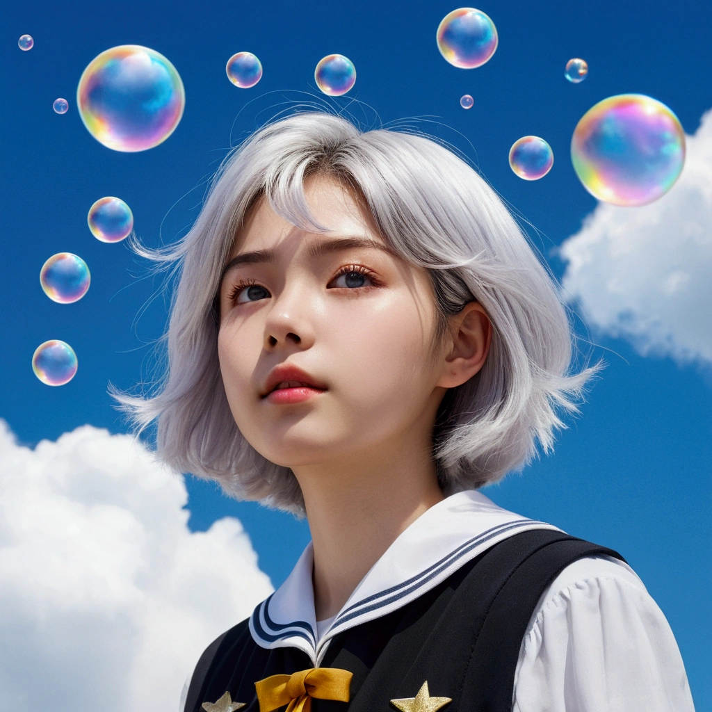 (woman\(student, , JK, short hair, Silver Hair, Floating Hair, Space-colored eyes, Black Sailor Suit\(Of high school\), Pale skin, Tired face, No shine in the eyes\) Look up at the sky), Beautiful sky, Beautiful Clouds, Colorful summer flowers are blooming everywhere., (Transparent bubbles shine like prisms here and there in the sky), The midday moon and the midday star shine in the sky, woman is at messy downtown, break ,quality\(8k,非常に精細なCGユニットのwallpaper, masterpiece,High resolution,top-quality,top-quality real texture skin,Surreal,Increase the resolution,RAW Photos,最高quality,Very detailed,wallpaper,Cinema Lighting,Ray Tracing,Golden Ratio\),(Long Shot),Wide Shot,