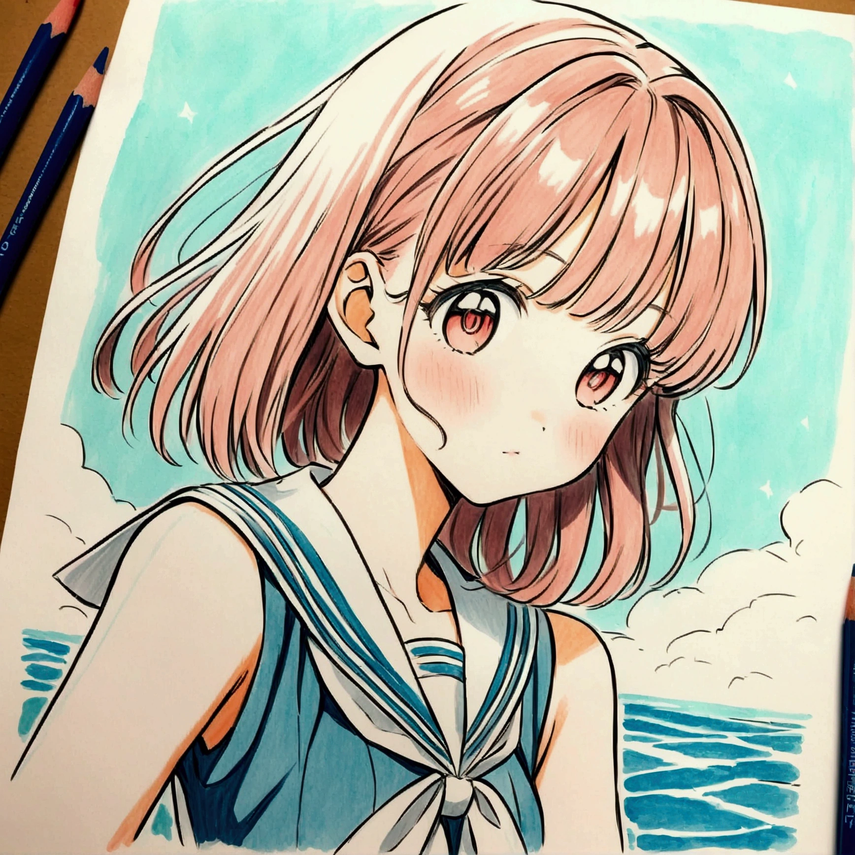 Sailor suit girl up colored pencil summer nostalgic