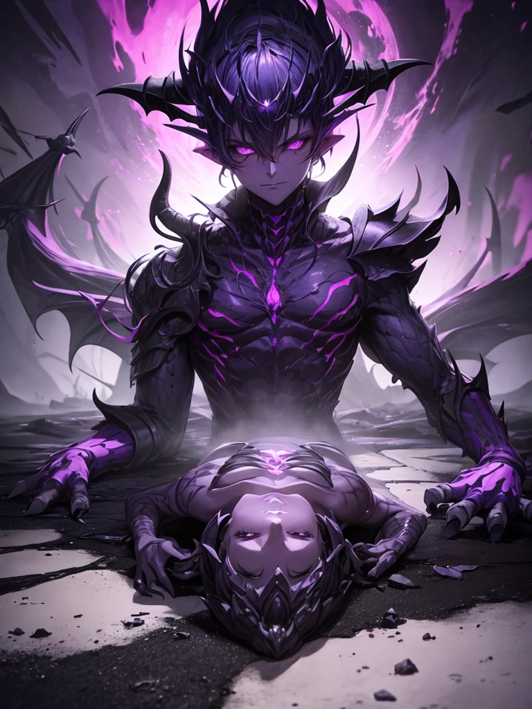 Dark cave deep purple fog skeletons laying on floor corrupted dragon