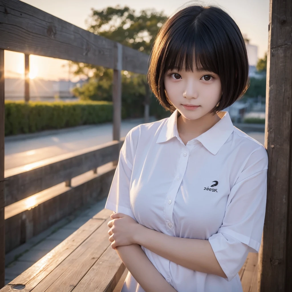 (Best image quality, 8K quality, masterpiece), (Super A quality, Photo Real, RAW Photos), Sunrise coming through, (masterpiece), (Real Girl, Front Face), (detailed), unity 8k wallpaper, Super Definition, beautiful, masterpiece, Highest quality, Japanese, Black Hair, bangs, 17 years old, Cute Face, uniform, (A shy smile:0.5), (Short Bob Hair), 17 years old, round face, Baby Face, breast enhancement