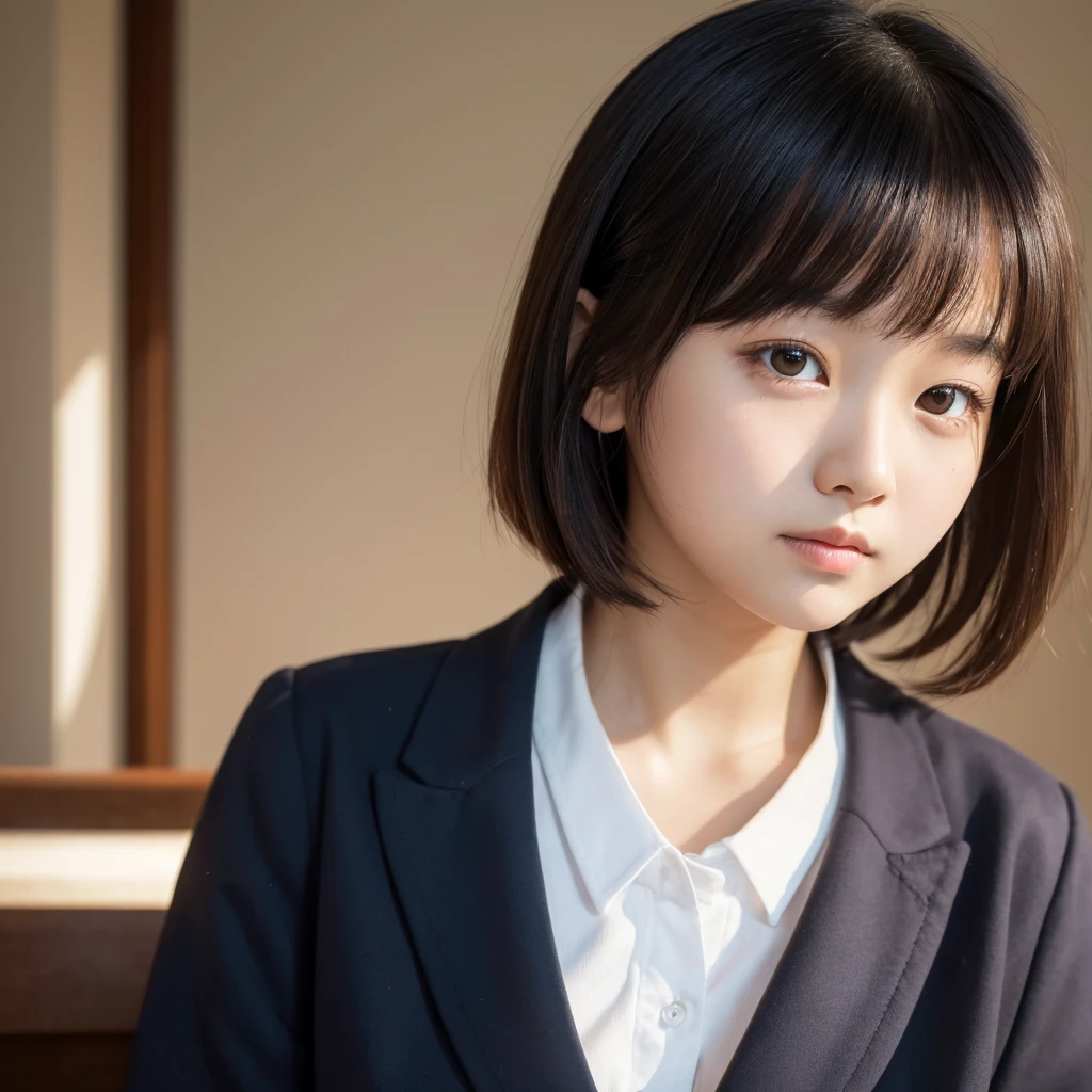 (Best image quality, 8K quality, masterpiece), (Super A quality, Photo Real, RAW Photos), Sunrise coming through, (masterpiece), (Real Girl, Front Face), (detailed), unity 8k wallpaper, Super Definition, beautiful, masterpiece, Highest quality, Japanese, Black Hair, bangs, , Cute Face, uniform, (A shy smile:0.5), (Short Bob Hair), 17 years old, Baby Face, breast enhancement