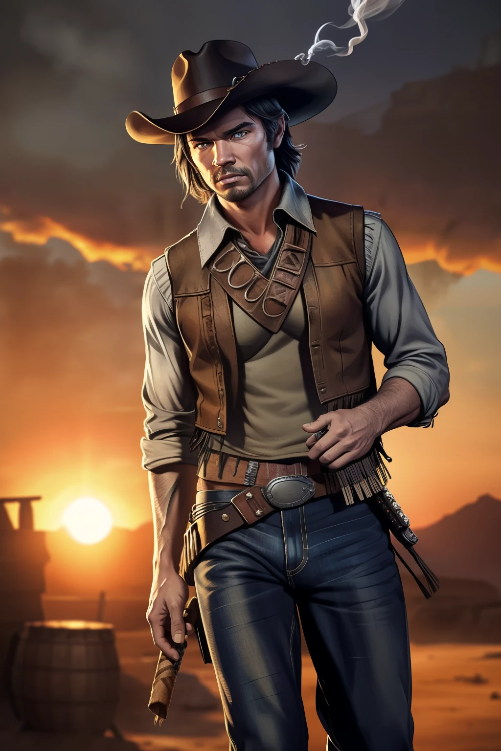 western cowboy, (solo:1.5), under the setting sun, worn-out hat tilted to one side, faded denim jeans with frayed edges, boots with spurs, chaps, bandana around neck, weathered leather vest, smoking a cigar, (smoke:1.2) drifting in the wind, dusty saloon backdrop, (high contrast:1.2), (cinematic lighting:1.3), best quality, ultra high res, ultra detailed facial features and eyes, (photorealistic:1.4), 8K texture, sharp focus, masterpiece.