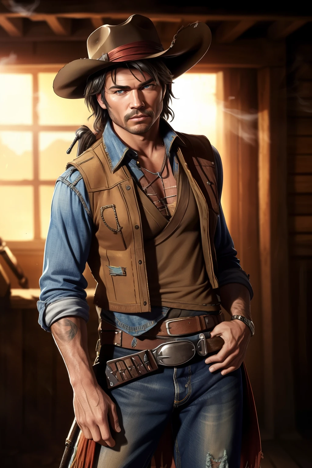 western cowboy, (solo:1.5), under the setting sun, worn-out hat tilted to one side, faded denim jeans with frayed edges, boots with spurs, chaps, bandana around neck, weathered leather vest, smoking a cigar, (smoke:1.2) drifting in the wind, dusty saloon backdrop, (high contrast:1.2), (cinematic lighting:1.3), best quality, ultra high res, ultra detailed facial features and eyes, (photorealistic:1.4), 8K texture, sharp focus, masterpiece.