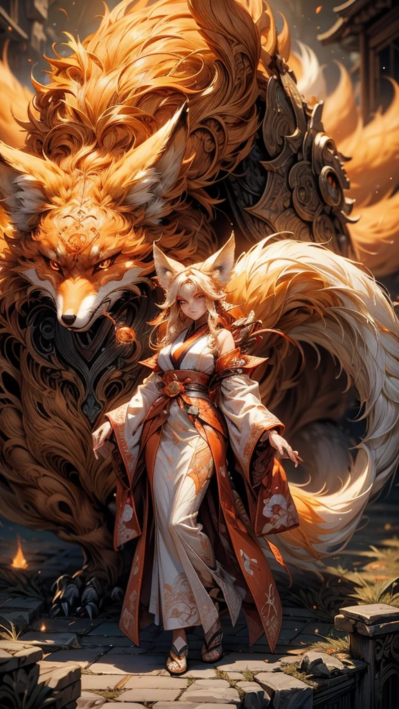 REALISTIC VISION 1.4, BETTER VAE,sharp focus, ultra detail, 32k,realistic photo, intricate details, (kitsune:1.4) , blond hair, (blond hair), orange eyes, intricate details ,woman, nine tails, intricate details,intricate details,big , Voluptuous body, intricate details, (Miko:1.4) , clothes long white dress with red details intricate details, tattoos intricate details, (full body:1.4) ,  (with a orange nine tails fox :1.4) , kiuubi (kurama, naruto), angry face, walking on the ground, backwards, orange aura, (perfect anatomy :1.4),(Fondo de ruinas de mazmorra en ruinas cyberpunk :1.4 ), (perfect anatomy V2.1), (face detailed :1.4), (cinematic lighting :1.4), (ojos hermosos :1.4), 