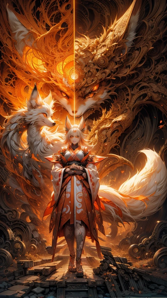 REALISTIC VISION 1.4, BETTER VAE,sharp focus, ultra detail, 32k,realistic photo, intricate details, (kitsune:1.4) , blond hair, (blond hair), orange eyes, intricate details ,woman, nine tails, intricate details,intricate details,big , Voluptuous body, intricate details, (Miko:1.4) , clothes long white dress with red details intricate details, tattoos intricate details, (full body:1.4) , (with a orange nine tails fox :1.4) , kiuubi (kurama, naruto), angry face, walking on the ground, backwards, orange aura, (perfect anatomy :1.4),(Fondo de ruinas de mazmorra en ruinas cyberpunk :1.4 ), (perfect anatomy V2.1), (face detailed :1.4), (cinematic lighting :1.4), (ojos hermosos :1.4),