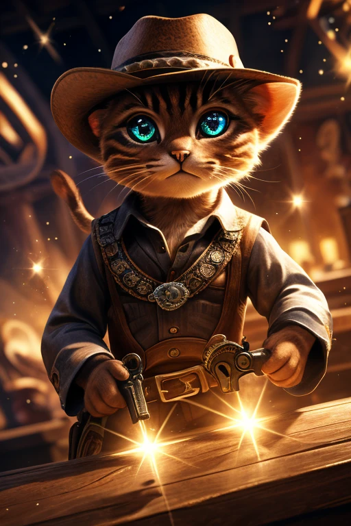 (Highest quality、masterpiece、8k))、Anatomically correct、Very detailed、High resolution、Realistic、((Beautiful, sparkling, detailed eyes))、Intricate details、Cinematic lighting、((Dynamic composition))、Cute Cowboy Kitten、Western Hat、revolver、Pad