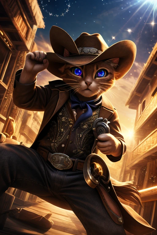 (Highest quality、masterpiece、8k))、Anatomically correct、Very detailed、High resolution、Realistic、((Beautiful, sparkling, detailed eyes))、Intricate details、Cinematic lighting、((Dynamic composition))、Cute Cowboy Kitten、Western Hat、revolver、Pad