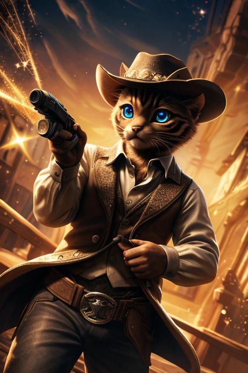 (Highest quality、masterpiece、8k))、Anatomically correct、Very detailed、High resolution、Realistic、((Beautiful, sparkling, detailed eyes))、Intricate details、Cinematic lighting、((Dynamic composition))、Cute Cowboy Kitten、Western Hat、revolver、Pad