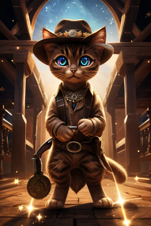 (Highest quality、masterpiece、8k))、Anatomically correct、Very detailed、High resolution、Realistic、((Beautiful, sparkling, detailed eyes))、Intricate details、Cinematic lighting、((Dynamic composition))、Cute Cowboy Kitten、Western Hat、revolver、Pad