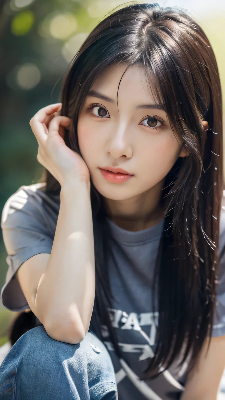 Japanese girl,Beautiful Girlfriend,Beauty,Raw photo,8k,Morning Sun,Gray T-shirt and jeans miniskirt,sleek long hair,Black-haired,Detailed face,Detailed skin,Detailed eyes,(The body is slim:1.3), girl,About 23 years old,cry,