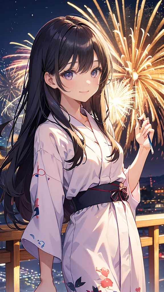 very cute、20 years old、girl、Long Straight Hair、Beautiful yukata、Night Sky、Countless fireworks、smile、