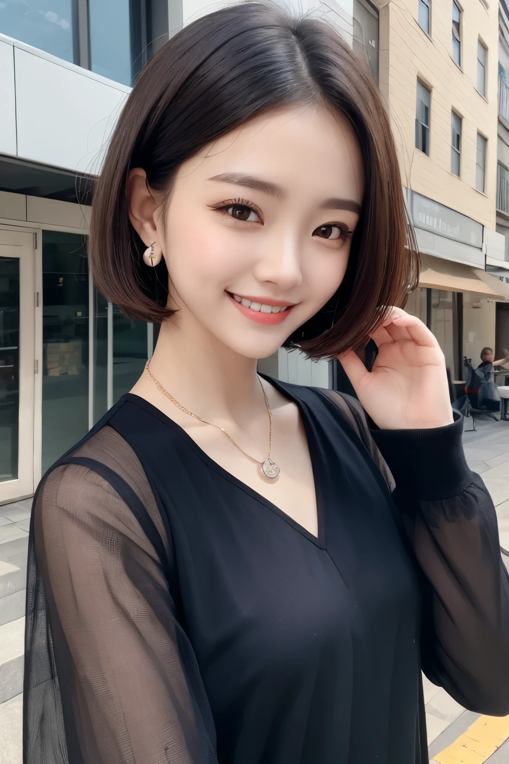 Highest quality, ,smile、Beautiful teeth alignment、Black Hair、Dark eyeliner、Short Haircut、、Long sleeve blouse、ear piercing、necklace, , Face Focus、The background is the building's corridor.