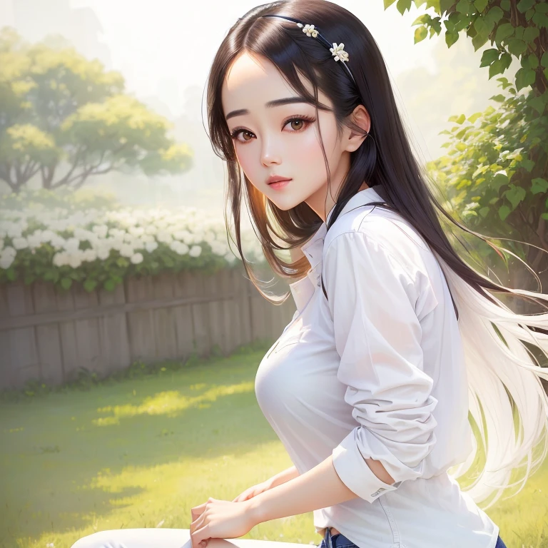 arafed girl in white shirt and jeans posing for a picture, beautiful!, dilraba dilmurat, xintong chen, a young asian girl, female actress from korea, realistic.